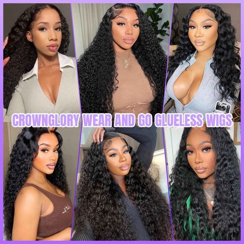 CrownGlory Wear and Go Glueless Wigs Human Hair Pre Plucked Pre Cut Deep Wave Lace Front Wigs Ready to Wear Glueless Wigs 26 Inch 13X4 Lace No Glue Natural Black Human Hair wigs for Black Women