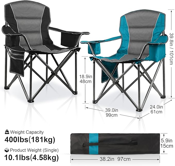 LANMOUNTAIN 2 Pack Padded Oversized Camping Chairs for Adults,Heavy Duty Support 400 Lbs,Folding Portable Lawn Chair w/Cup Holder,Cooler Bag,Side Pocket,Perfect for Outdoor Picnic,Hiking(Blue&Black)