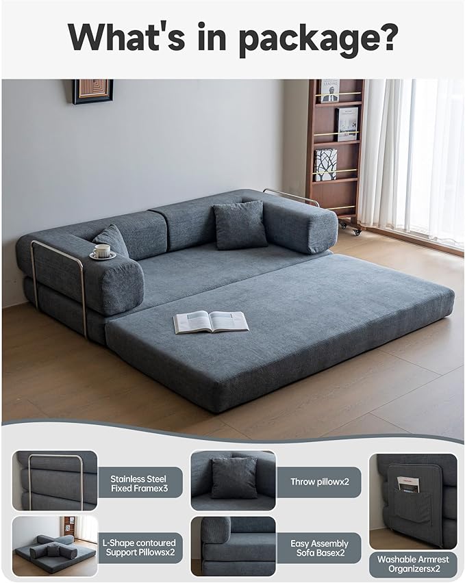 No Assembly Convertible Sofa Bed & 79" Boneless Couch with Pocket , 5-in-1 Futon Sofa Bed with 2 Pillows Modular Pull Out Couch Bed with Frame,Compression in Box for Living Room Small Spaces Grey