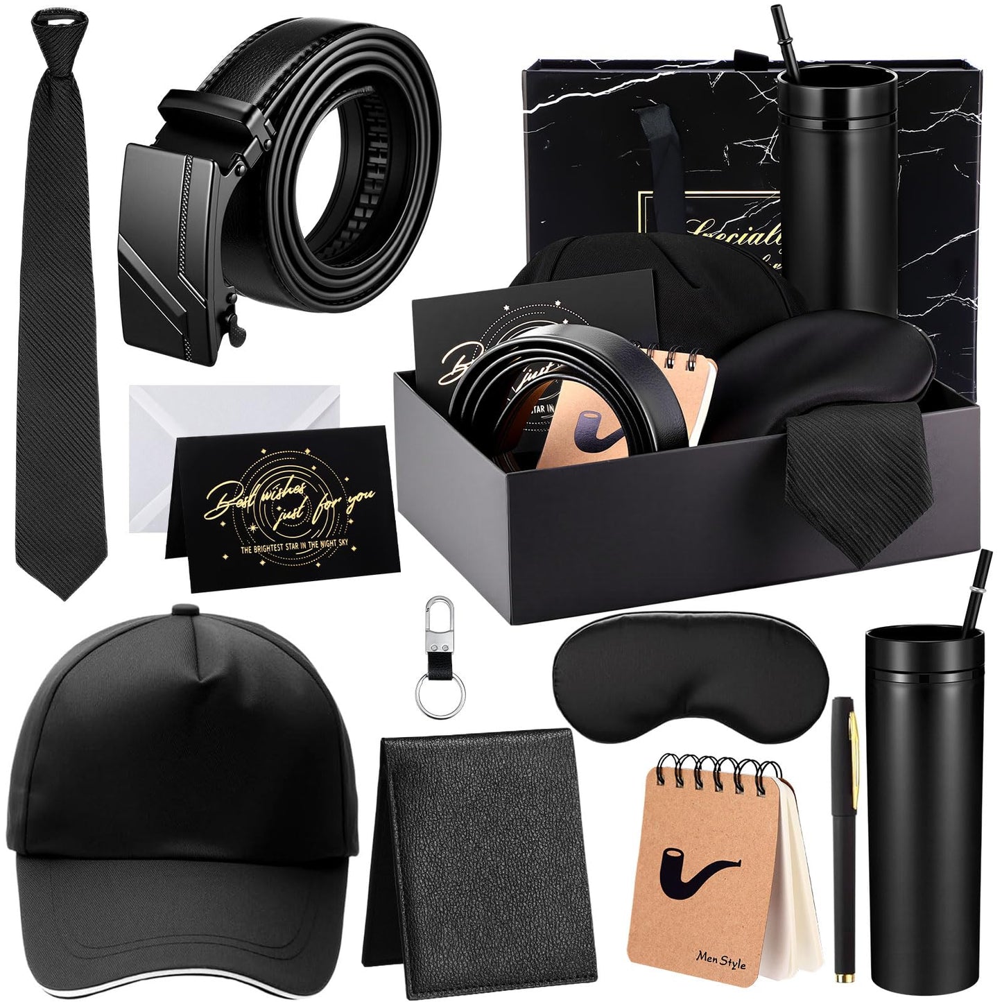 AmazingSpark 2 Pcs Birthdays Gift Baskets for Men Box 16 oz Tumbler Wallet Eye Mask PU Leather Belt Tie Keychain Pen Journal Hat Card Set for Dad Husband Brother(Business Gift Box)