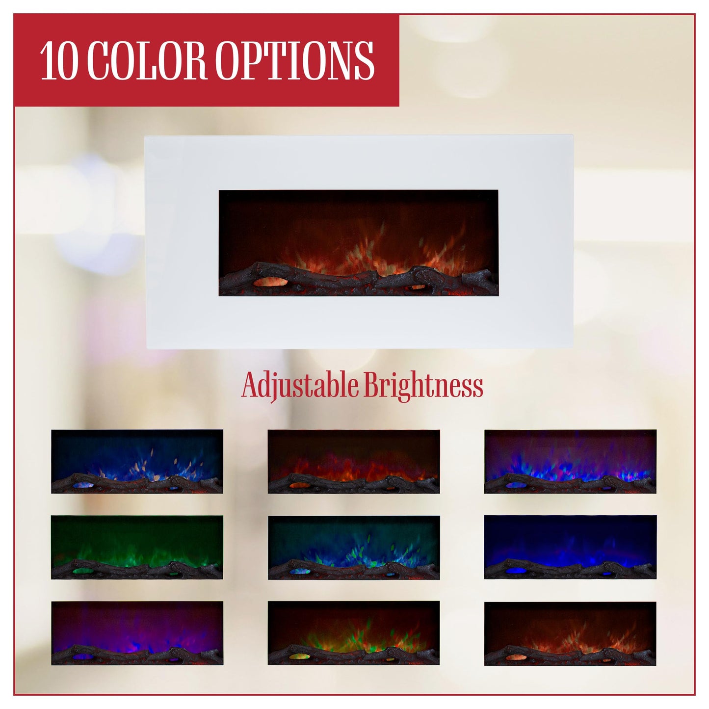 Northwest Wall Mounted Electric Fireplace Heater - 10-Color LED Flame and 3 Media Backgrounds 36-Inch Wall Mounted Fireplace with Adjustable Brightness and Remote (White)