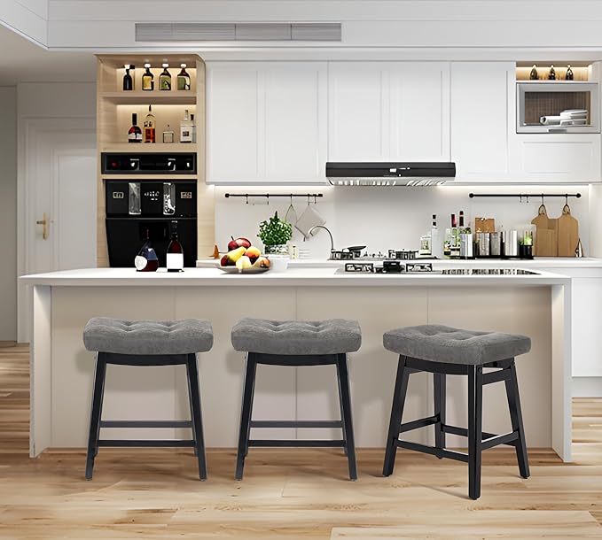 RNKSFX Counter Height Bar Stools Set of 4 for Kitchen Counter Farmhouse Modern Barstools with Faux Leather Upholstered Backless Seat and Solid Wood Legs 24 inch Bar Chairs, Grey + Black