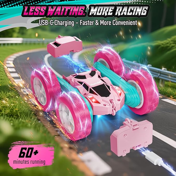 Pink RC Car for Girls Age 6+, 360° Rotating Stunt Remote Control Vehicle with LED Lights, Upgraded 4WD USB-C Rechargeable Electric Toy, Perfect Birthday, Holiday