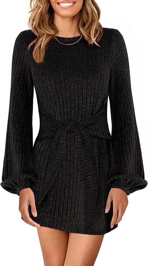 ANRABESS Womens 2026 Fall Dress Long Lantern Sleeve Ribbed Knit Casual Tie Waist Lightweight Mini Sweater Dress