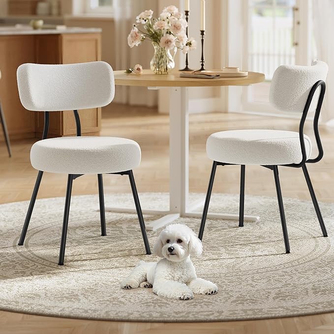 VASAGLE Boucle Dining Chairs Set of 2, Upholstered Kitchen Dining Room Chairs with Curved Backrest and Steel Frame, Modern Mid Century, Round, for Vanity, Living Room, Cream White UKDC110W01