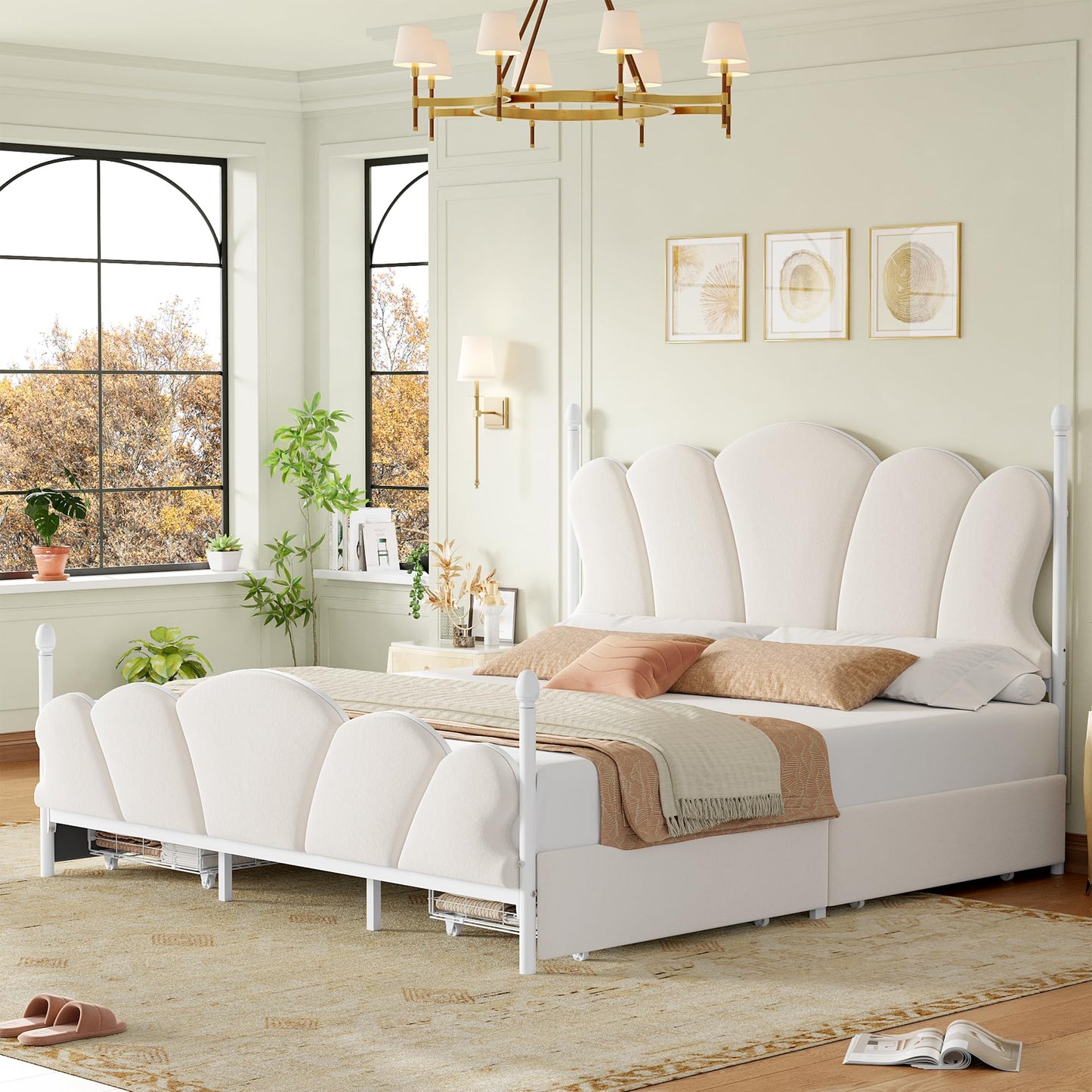 FOTOSOK Full Bed Frame, Full Size Bed Frame with Adjustable Headboard, Bed Frames Queen Size with 4 Large Storage Drawers, No Box Spring Needed, Noise Free, White
