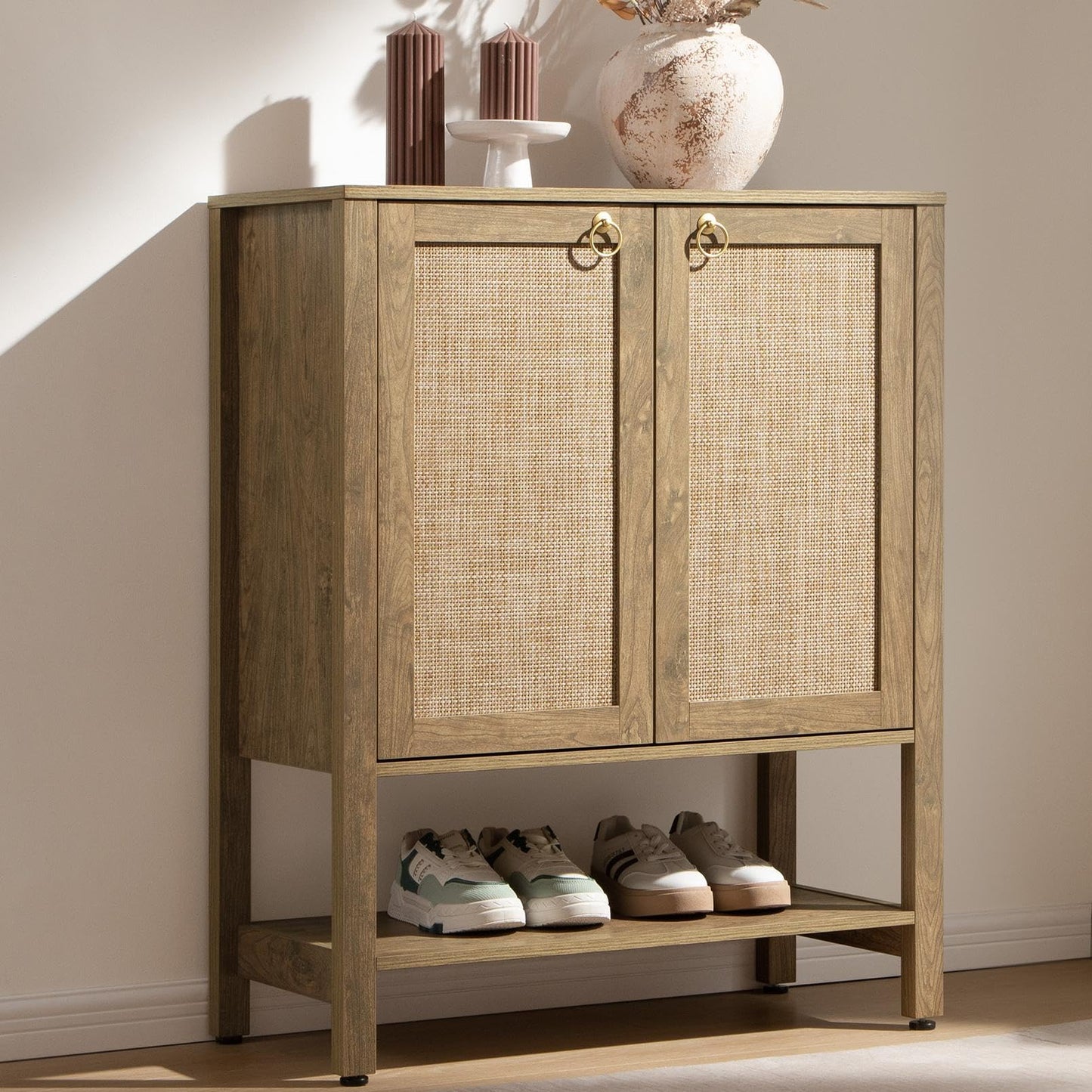 SICOTAS Rattan Shoe Cabinet with Storage - 5 Tier Farmhouse Boho Shoe Organizer Storage Cabinet with Shelves & Doors, Tall Shoe Rack Cabinet for Entryway, Living Room, Closet (Carbon Cherry)