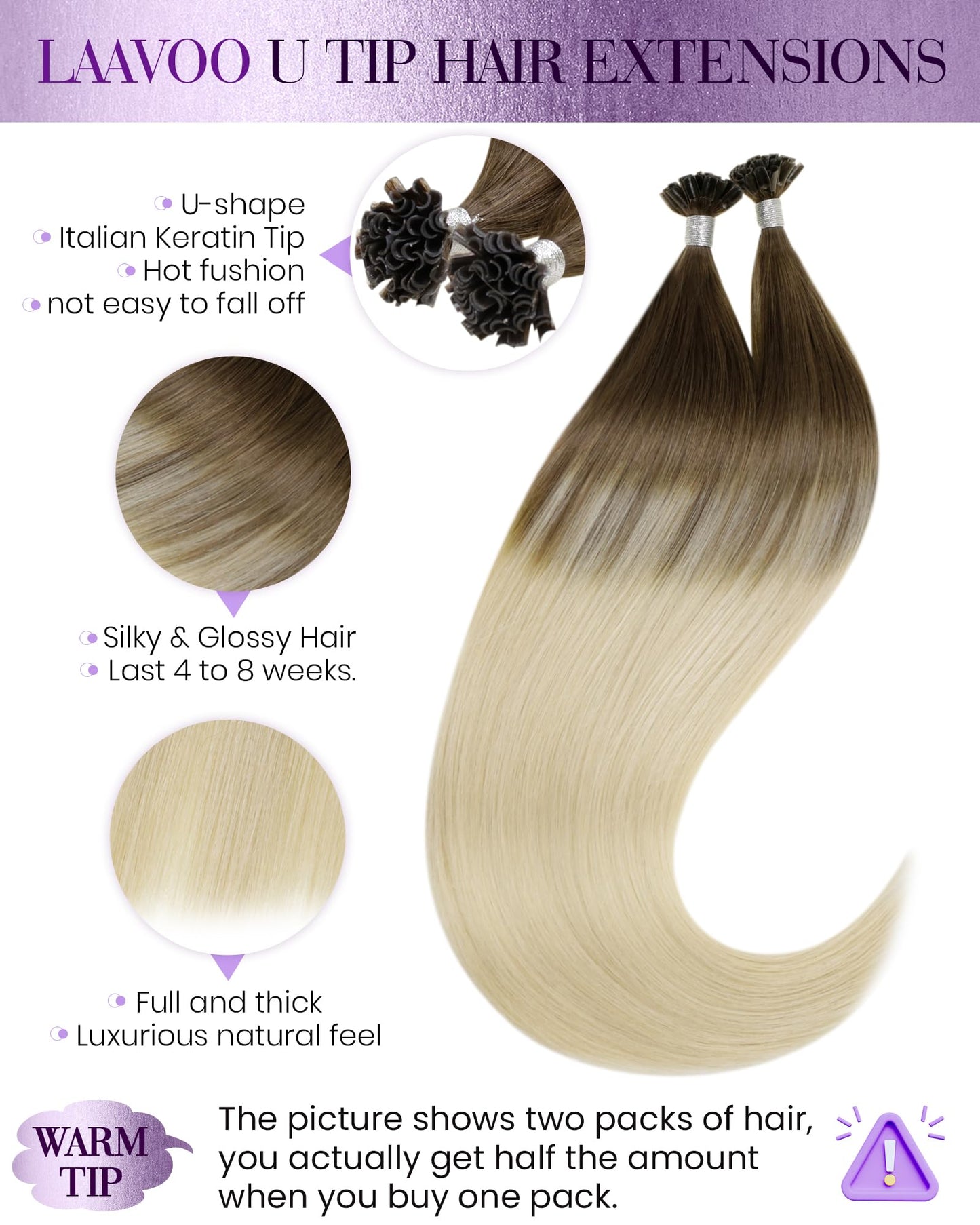 LaaVoo U Tip Hair Extensions Human Hair Light Brown Ombre Ash Blonde Utip Hair Extensions Human Hair Silky Straight Ombre K Tip