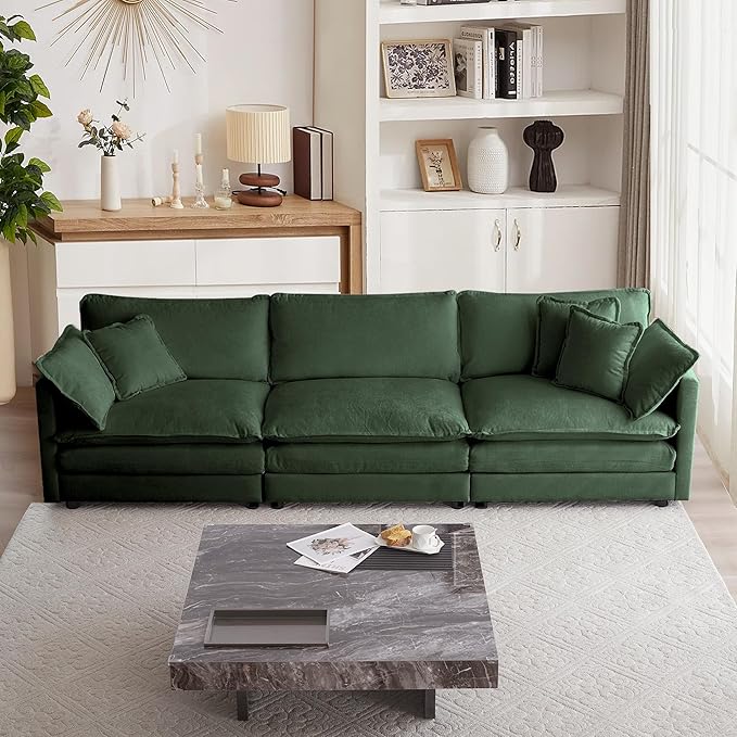 mikibama Luxury Modular Sectional Sofa, 111.5" Modern Chenille Comfy Cloud Couches for Living Room Office, 3 Seater Deep Sofa with 2 Armrest Pillows and 3 Toss Pillows, Evergreen