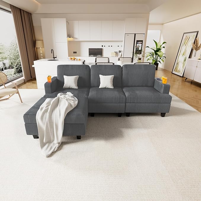 90" L Shaped Modular Sectional Sleeper Sofa, Soft Corduroy Sectional with Armrests, 2 Cup Holders & 2 USB Ports, 21" Deep Seat Cloud Couch for Living Room, Bedroom & Office (Grey, 3 Seat + 1 Ottoman)
