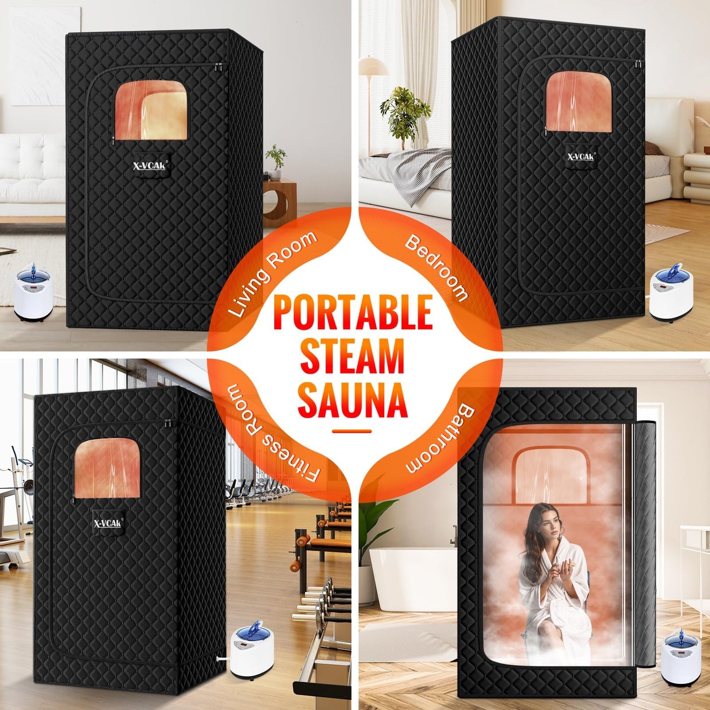 X-Vcak Upgraded Sauna Box for Relaxation, Detoxification, Portable Steam Sauna for Home with Steamer, Remote Control, Folding Chair, 9 Levels, 2.6’ x 2.6’ x 5.9’, Black