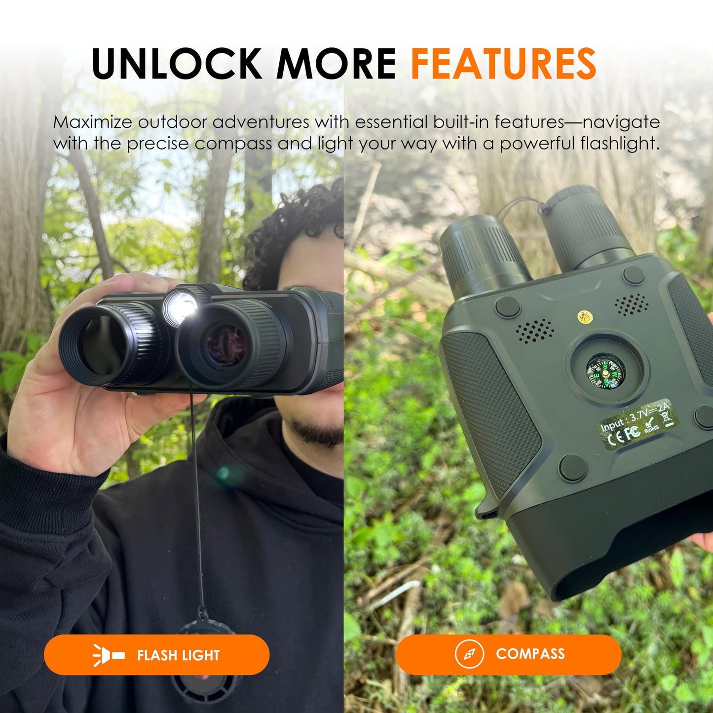 RexingUSA B1 Compass Night Vision Binoculars – 4K Ultra HD, Integrated Compass, Flashlight, Weather Resistant, IR Night Vision, 5X Digital Zoom, Video Recording, and Photos