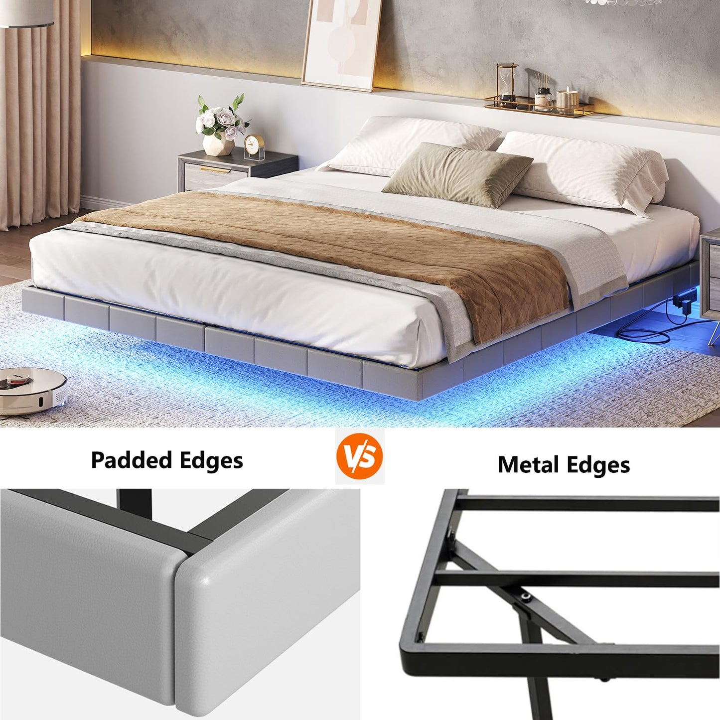 HOOBRO King Size Floating Bed Frame with LED Lights and Charging Station, Upholstered Platform Bed Frame King Size, Modern Metal Floating Bed Frame King, No Box Springs Needed, Grey