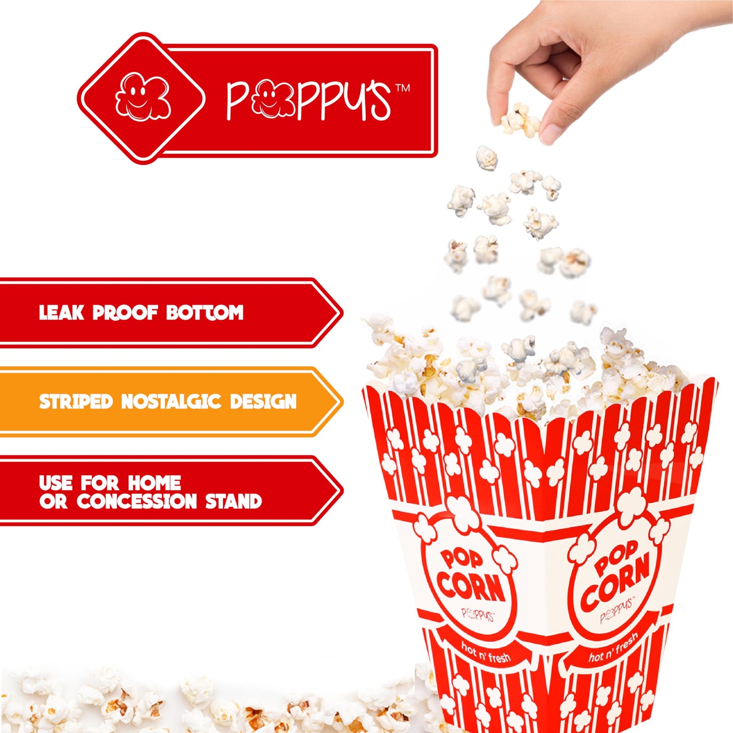 Poppy's Large Popcorn Boxes – 10 Pack 46 Oz Concession-Grade Popcorn Buckets, Popcorn Machine Accessories for Popcorn Bars, Movie Nights, Concessions