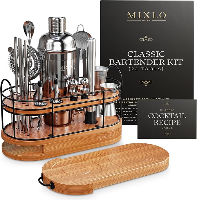 MIXLO HOME Mixology Bartender Kit - 22Pcs Bar Set Cocktail Shaker Set w Brown Bar Cart Accessories Stand - Shakers Bartend...