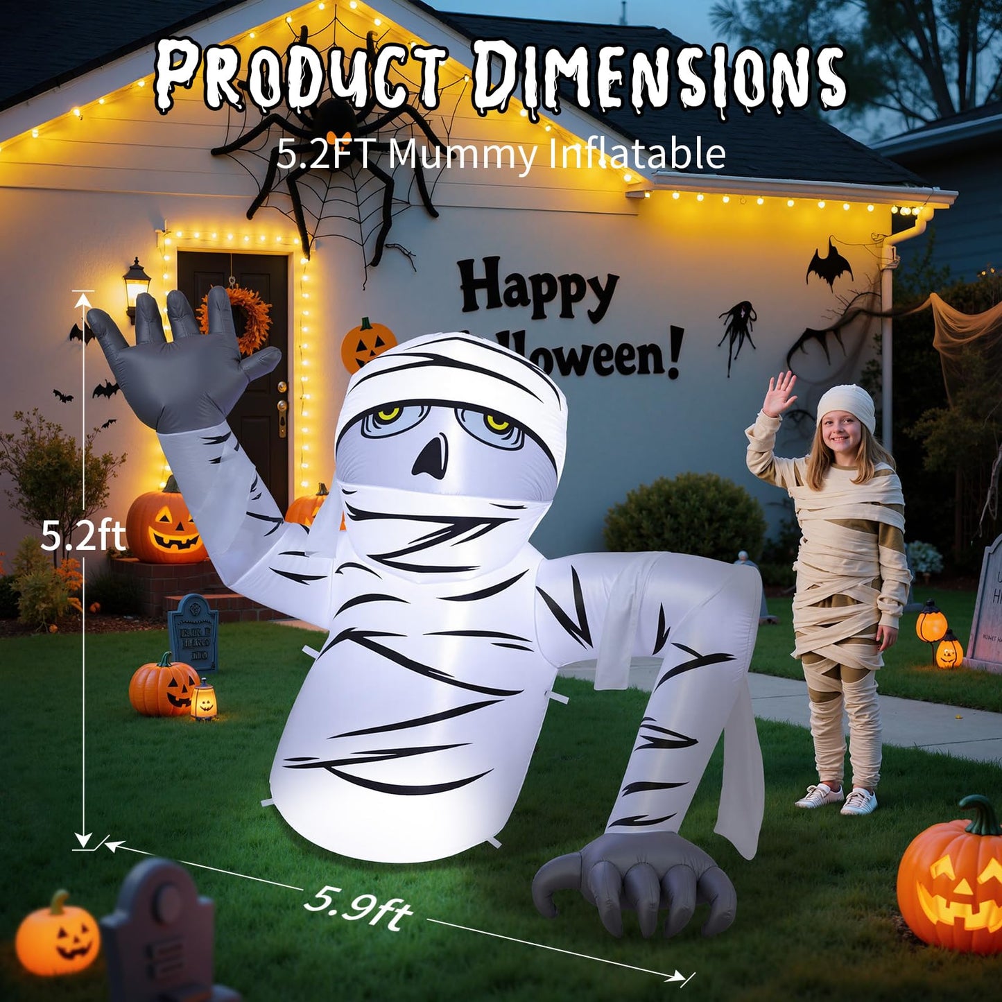 Dawdix 5.2FT Halloween Inflatable Mummy Outdoor Decorations Blow Up Yard Mummy Rising from Ground Decoration with Build-in LEDs for Holiday Party Indoor Outdoor Yard Garden Lawn Lawn