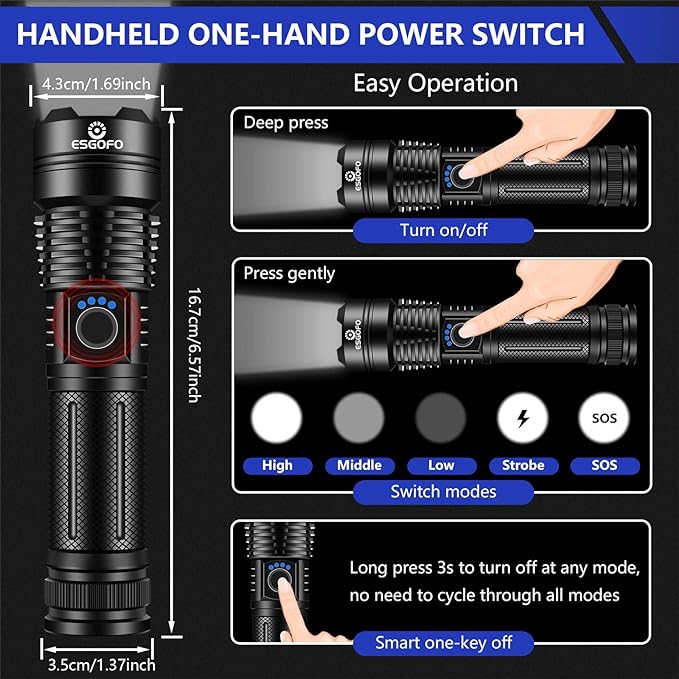 Esgofo Flashlights High Lumens 10000 Rechargeable, Super Bright Handheld LED Flash Light, Powerful Emergency Linternas, Waterproof, Long Lasting, for Hiking Camping Gift