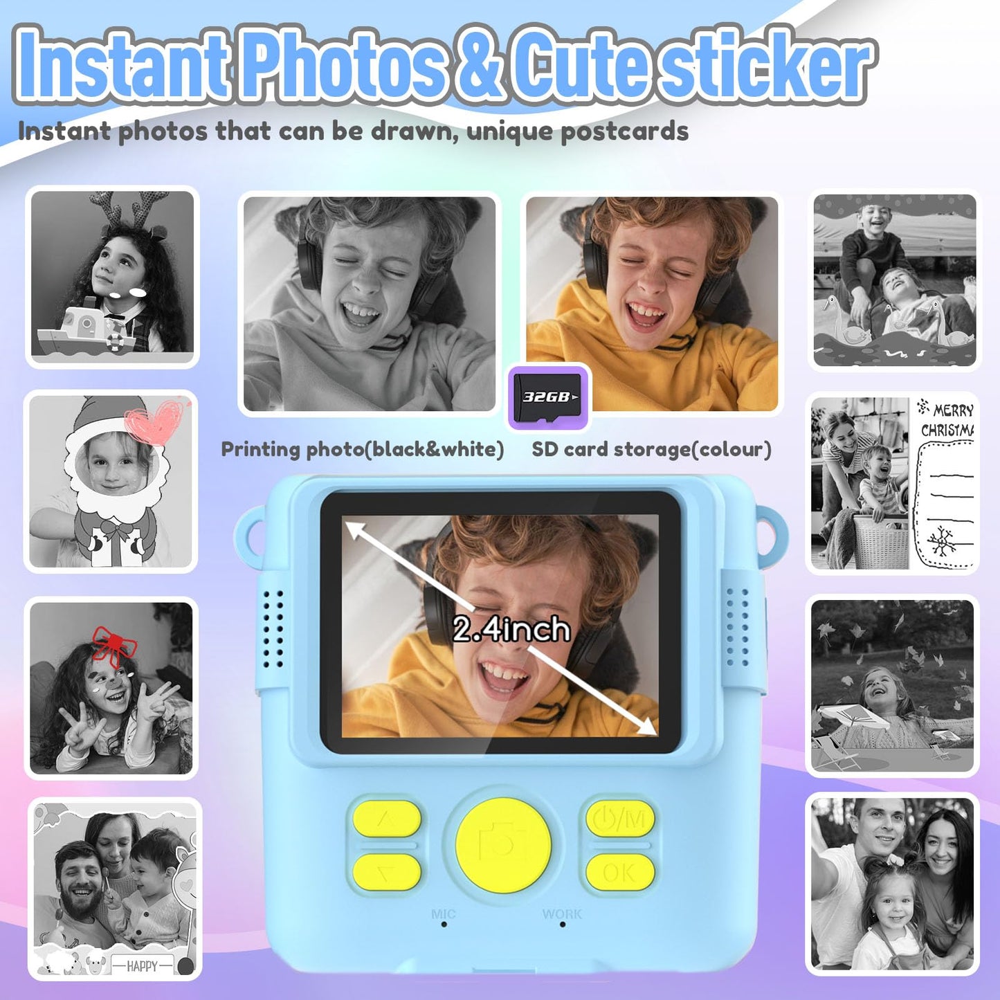 ESOXOFFORE Kids Camera Instant Print, Christmas Birthday Gifts for Kids Age 3-12, Selfie Digital Camera with 1080P Videos,Toddler Portable Travel Cameras Toy for 4 5 6 7 8 9 Year Old Boys Girls-Blue