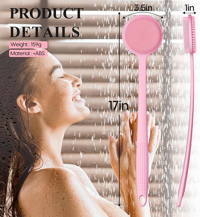 2 Pack Back Scrubber for Shower, 17in Lengthen Long Handle Body Brush, Double Sided Shower Brush for Shower Exfoliating and Massage Can Produce Rich Foam, Long Handle Back Scrubber for Men