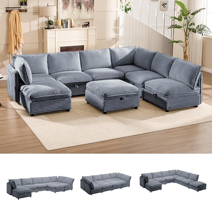 FIRLZY Oversized Modular 8 Seater Sofa with Removable Covers and Storage, Convertible U, L-Shaped and Sleeper Sectional, Modern Corduroy Couches with Ottoman Chaise for Living Room, Gray