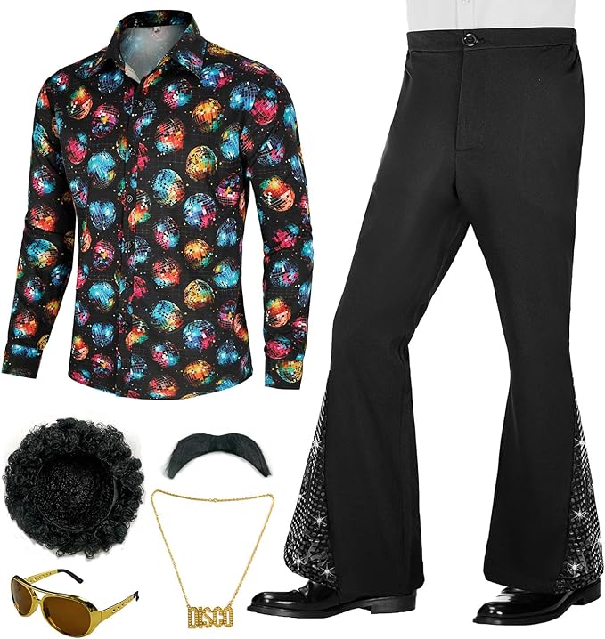 BONGZUO 70s Outfits for Men 6 Pcs Disco Outfit Retro Costume with Bell Bottom Pants