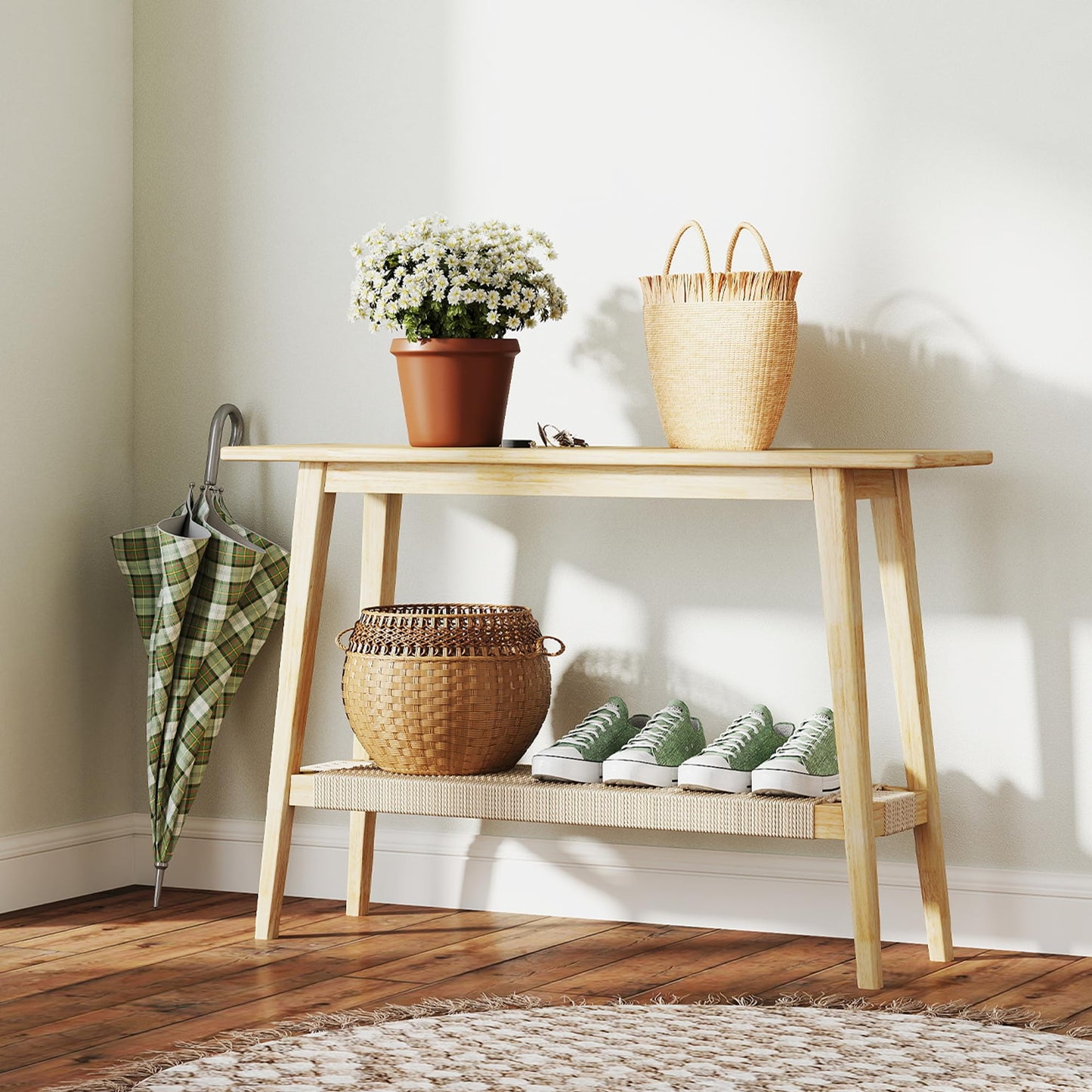 LZAREAL Farmhouse Rattan Entryway Table with Storage Boho Narrow Console Table Wood Long Sofa Table Behind Couch Table for Entryway Hallway Foyer Living Room, Natural Color