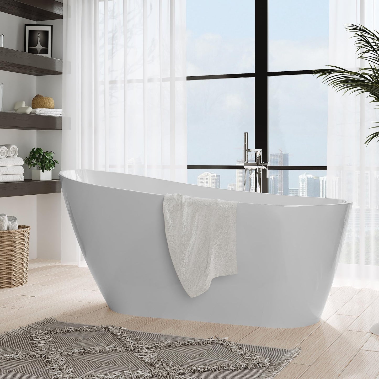 59" Acrylic FreeStanding Tub, Contemporary Deep Soaking Bathtub with Integrated Water Bypass and Drain, Gloss White Stand Alone Bath Tub, cUPC Certified Floor-Mounted Fixture, Gloss White