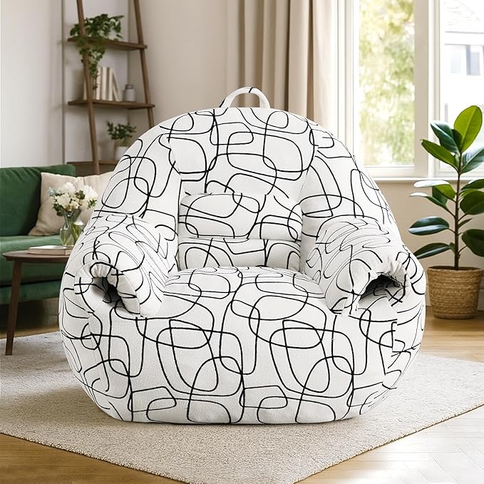 Peace nest Bean Bag Chair with Memory Foam Filled Ultra Soft Jacquard Pattern Cover for Adults Comfy Fur Bean Bag Chairs with Armrests for Bedroom Living Room Office Dorm Reading Lines