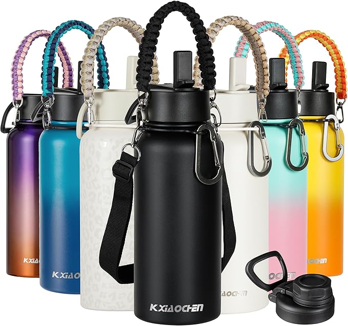 KXIAOCHEN Insulated Water Bottle, Stainless Steel Water Bottle, 2 Lids (Straw and Handle Lid),Wide Mouth Metal Water Bottl...