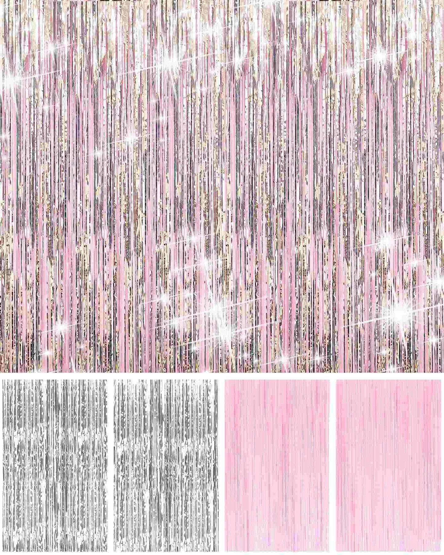 Eufars Pink Party Backdrop Decorations - 4 Pack Pastel Pink And Silver Foil Fringe Curtains For Birthday Bachelorette Graduation
