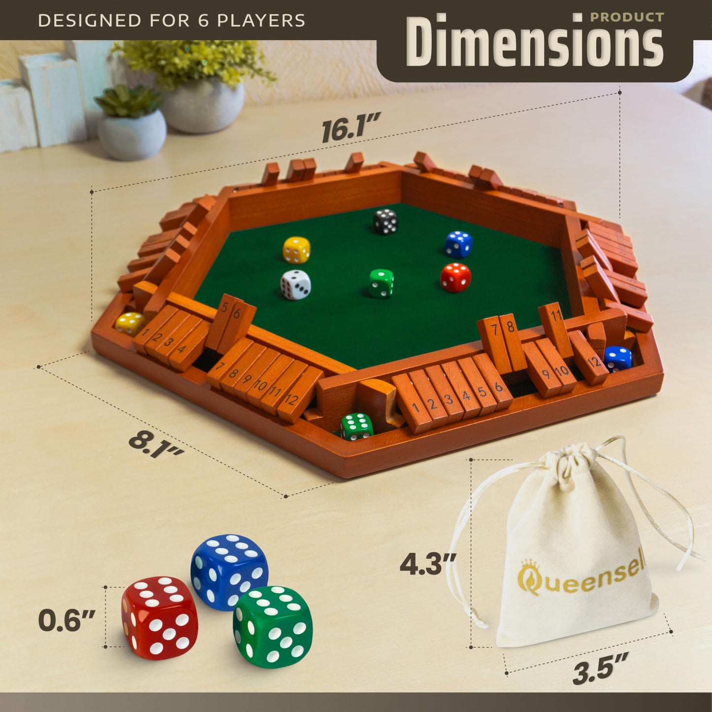 Queensell Shut The Box Game 12 Numbers for 1-6 Players - 16-inch Wooden Board Shut The Box Game 12 Numbers for Adults & Kids - Ideal for Games Night