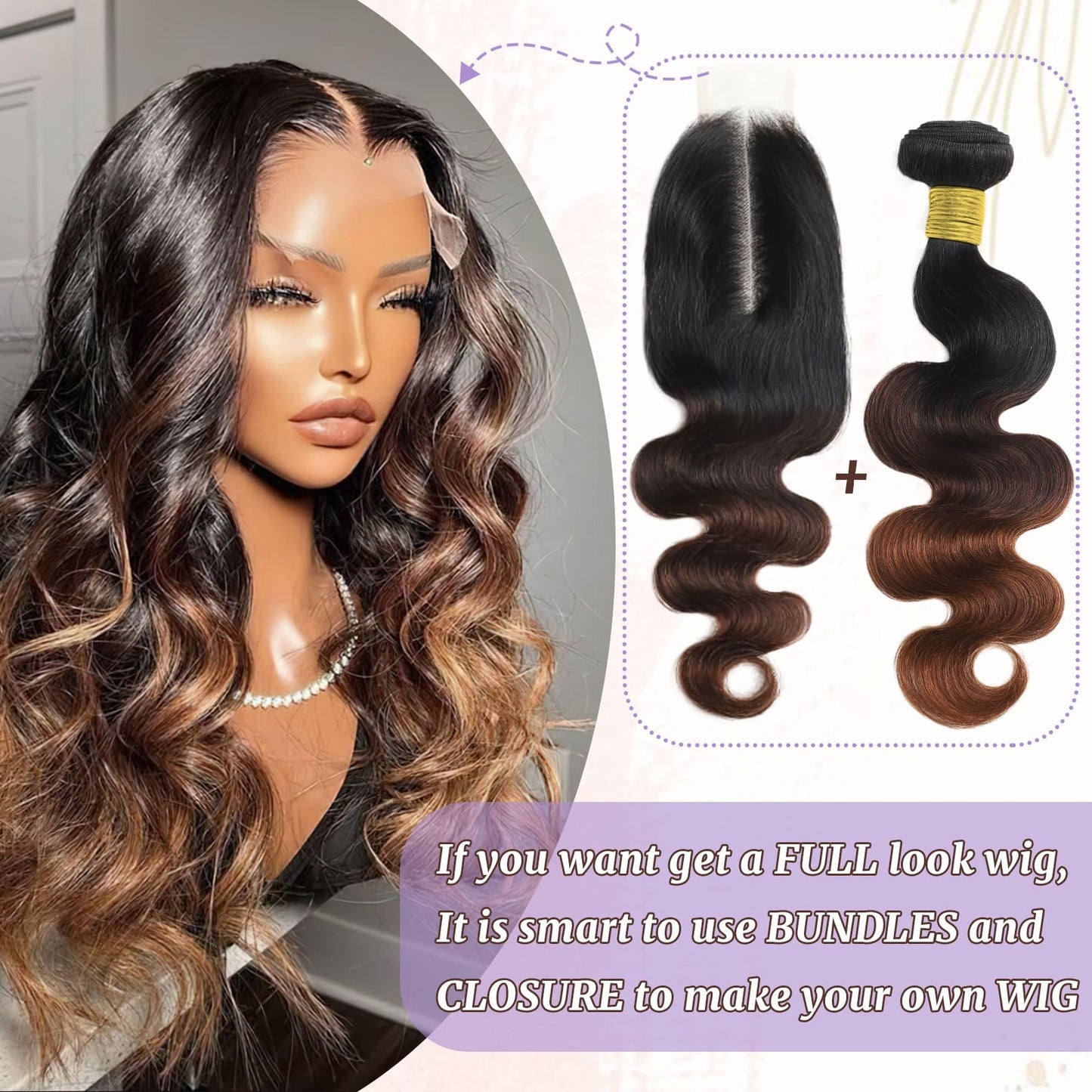DSEKCAIN 2x6 HD Lace Closure T1B/2/30 Chestnut Brown Ombre Body Wave 2x6 Transparent Lace Closure 3 Tone Ombre Medium Auburn Col