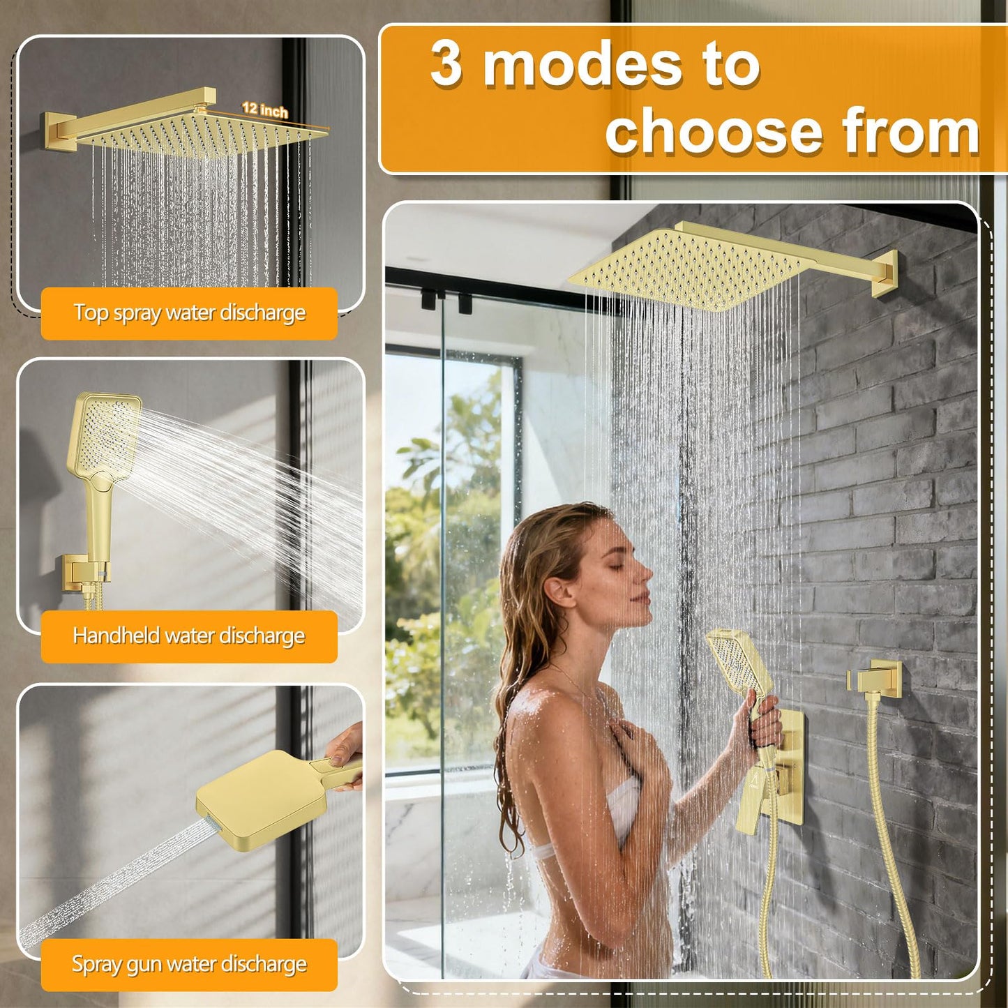 JQBQS Shower System Modern Rain Brass Faucet Set With Valve and Diverter Shower Mixer With Handheld High Pressure Square Rainfall Shower Valve (12'' Wall Mount, Brushed Gold)
