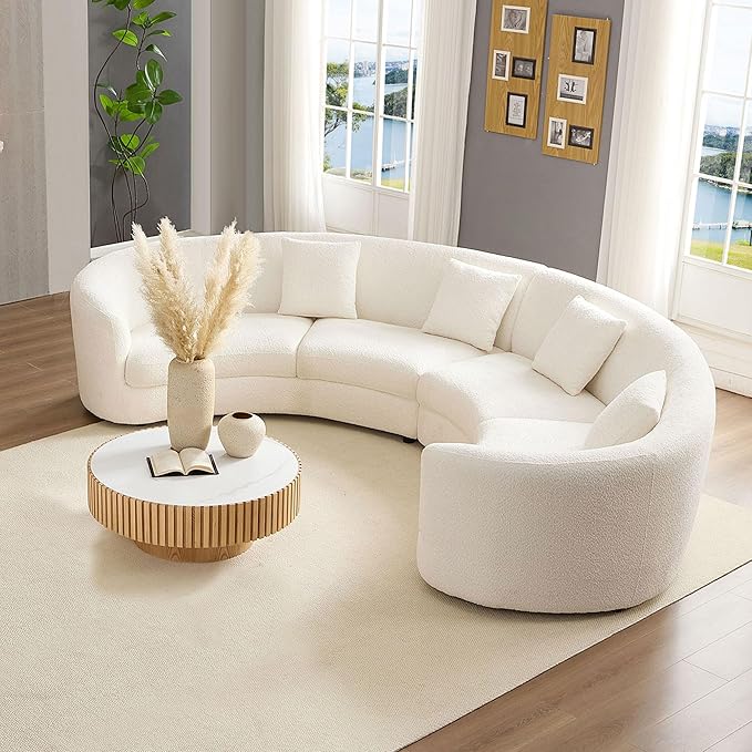 KEIKI 141" Luxury Curved Boucle Modular Sectional Sofa, Modern Style Oversized 4-Seater Polyester Tight Back Couch with 4 Pillows and Round Arms, Easy Assembly, for Apartment, Living Room, White