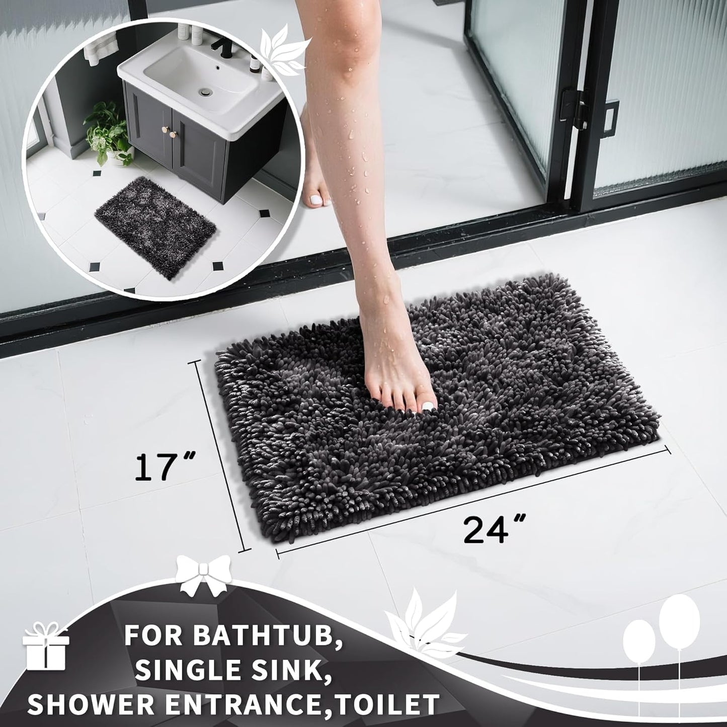Yimobra Chenille Bathroom Rugs Non Slip, Extra Thick Soft Absorbent Bath Rug, Machine Washable Quick Dry Bath Mat for Bathroom Floor, Tub and Shower, Home Decor Accessories, 24x17, Dark Grey