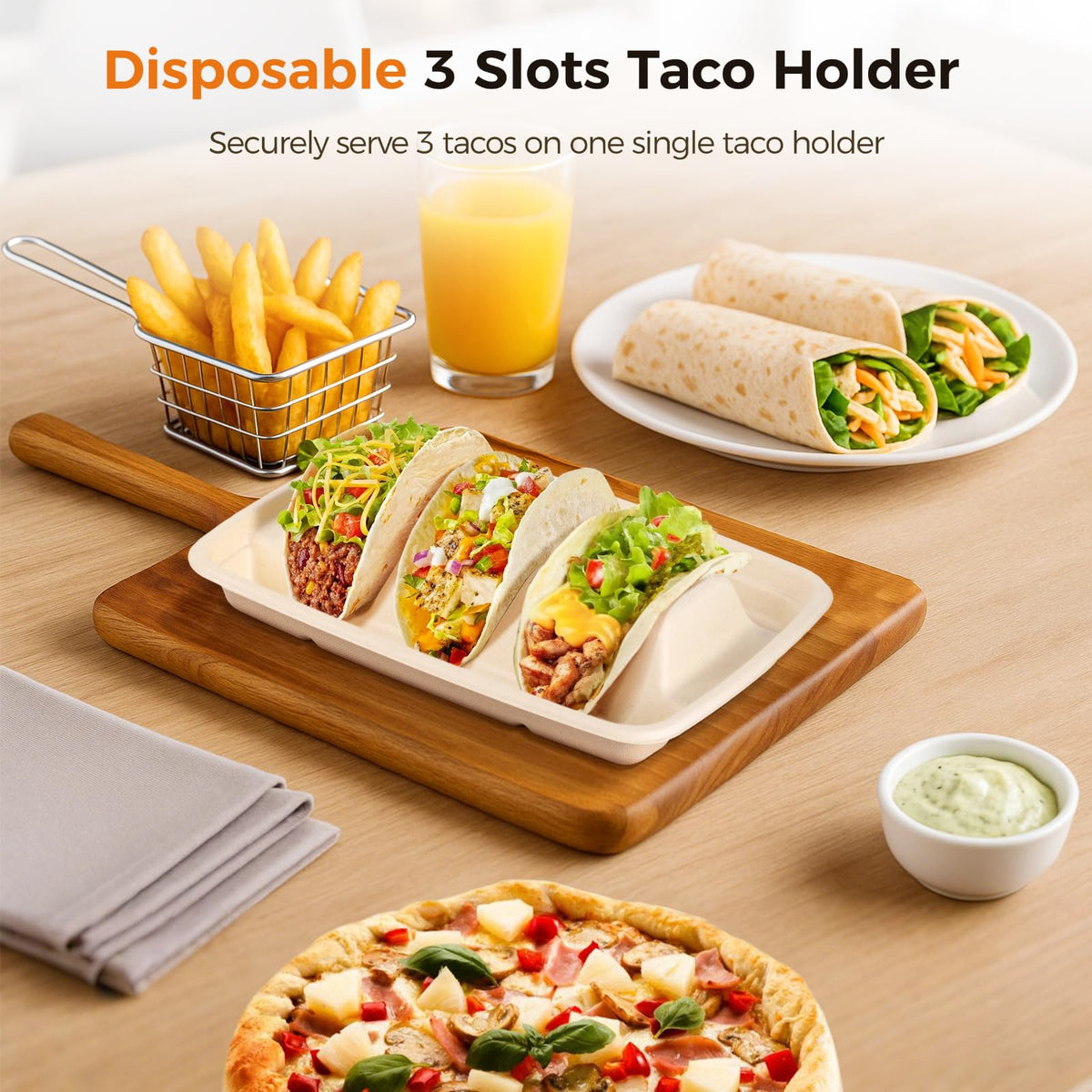 JUSTDOLIFE 150 PCS Disposable Taco Holders for Party, Bagasse Pulp 3-Slot Taco Plates, Taco Plates With 3 Dividers, Recyclable Plant Fiber Food Serving Tray for Taco Sandwich Pancake Hot Dog