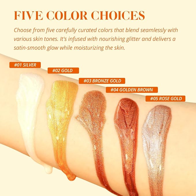 Liyalan Shimmer Body Oil 5 Color Options 1.0 fl.oz Face Glow Pearl Highlighter Illuminator Long-Lasting Shine Glitter Liquid Tanning with Makeup Brush Included (#04 Golden Brown)