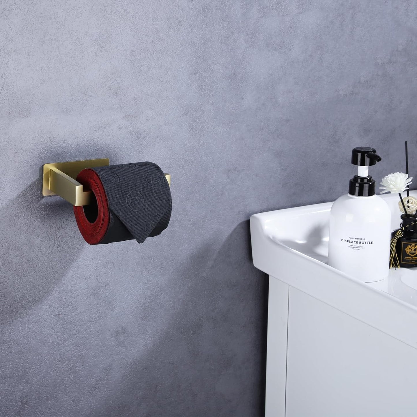 LANC Self-Adhesive Toilet Tissue Roll Holder, Brushed Gold Paper Holder Wall Mounted for Bathroom RV Stick On Toilet Tissue Holder with Drill Free Rustproof Stainless Steel, A8307BG