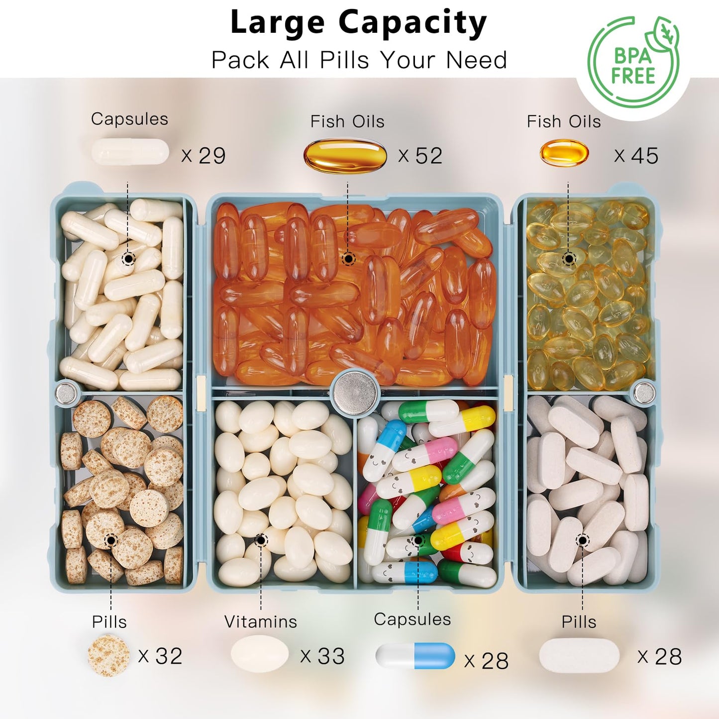 FYY Daily Pill Organizer,2 Pcs 7 Compartments Portable Pill Case Travel Pill Organizer,[Folding Design] Pill Box for Purse Pocket to Hold Vitamins,Cod Liver Oil,Supplements and Medication-Blue