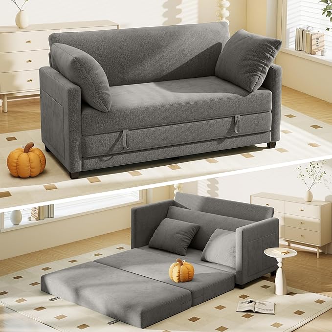 Myroyalsit 65" Convertible Loveseat Sofa Bed, 2-in-1 Folding Sofa Bed with 2 Pillow for Small Spaces, Modern Loveseat Sleeper Couch for Apartment, Living Room & Guest Room (Grey Chenille, 65 inch)