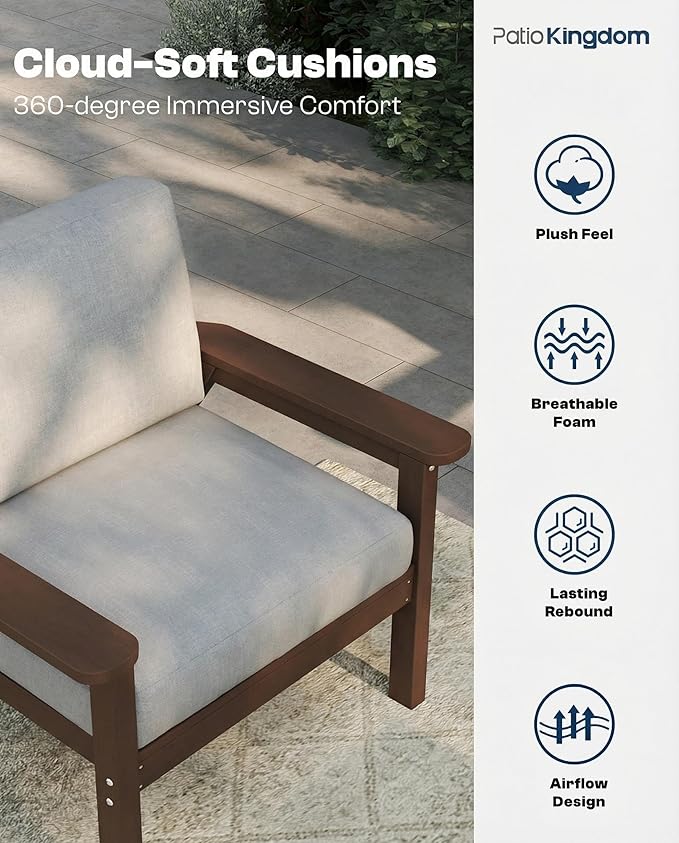 Patio Kingdom Patio Furniture Set with Washable Thick Grey Cushions, Coffee Table & Side Table, HDPE Outdoor Couch, All-Weather Outdoor Sectional Furniture, Patio Conversation Sets (Brown Frame)