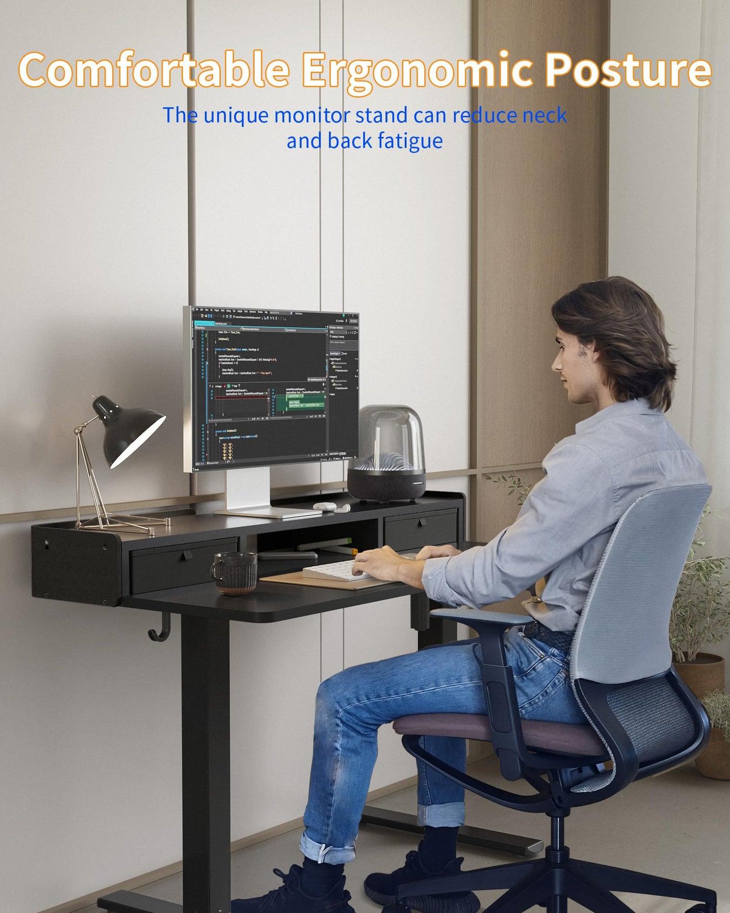 YIHAYO Electric Standing Desk with Drawers, 48 x 24 Inches Adjustable Desk with Storage Shelf, Stand Up Desk with Splice Board, Computer Table for Home Office, Black Frame/Black Top