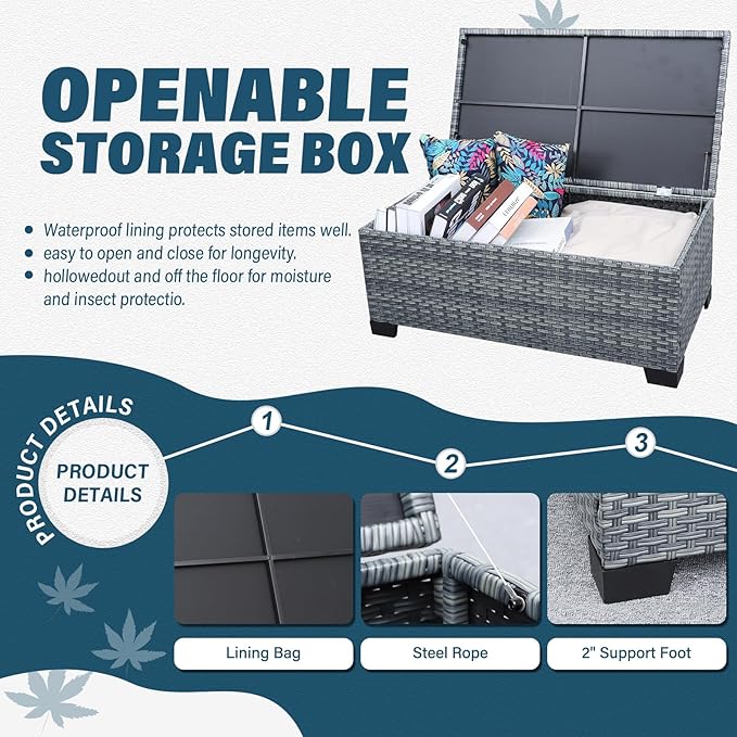 4 Piece Wicker Patio Furniture Sets Outdoor Conversation Set PE Rattan Sectional Sofa Couch with Storage Table and Peacock Blue Cushions