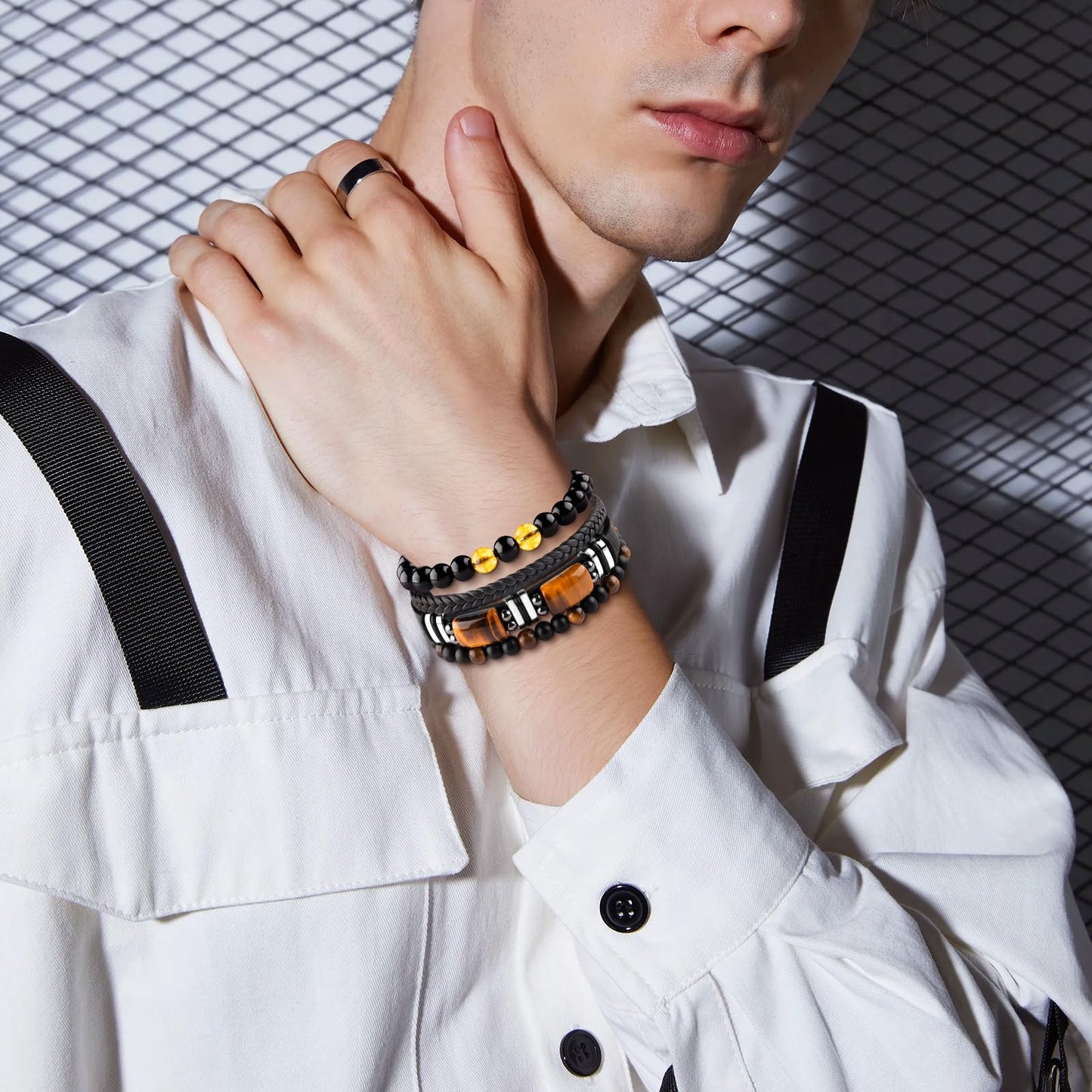 Leather Bracelets for Men Natural Tiger Eye Black Obsidian Healing Crystal Beaded Bracelets Set Birthday Christmas Commemorative gifts for Dad Son Grandson Man Boyfriend Brother (Black-To My Son)
