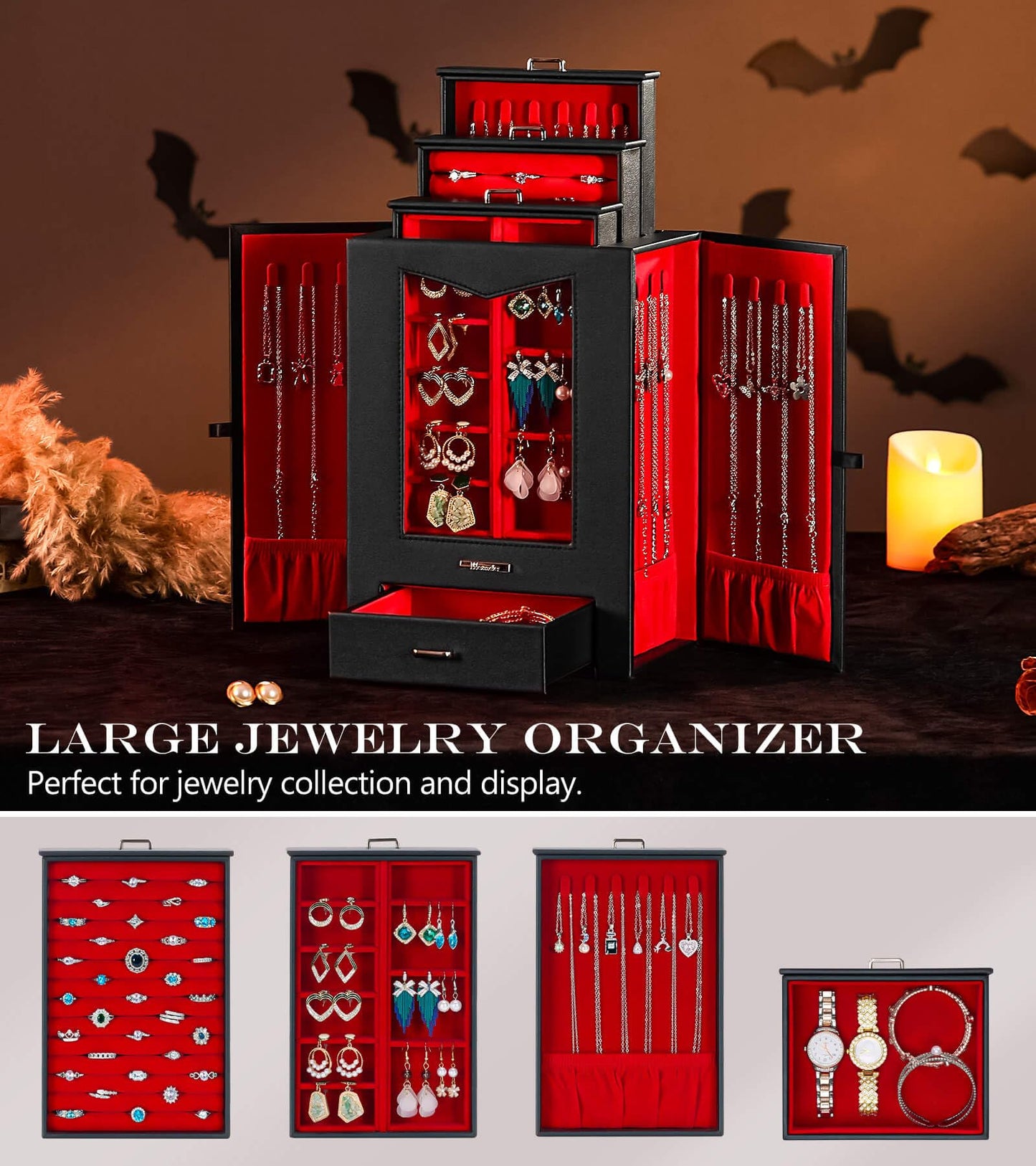 Homde Jewelry Organizer with Transparent Window Necklace Hooks Gift for Women Jewelry Box Display Case for Necklaces Rings Earrings Bracelets and Other Accessories (Black + Red)