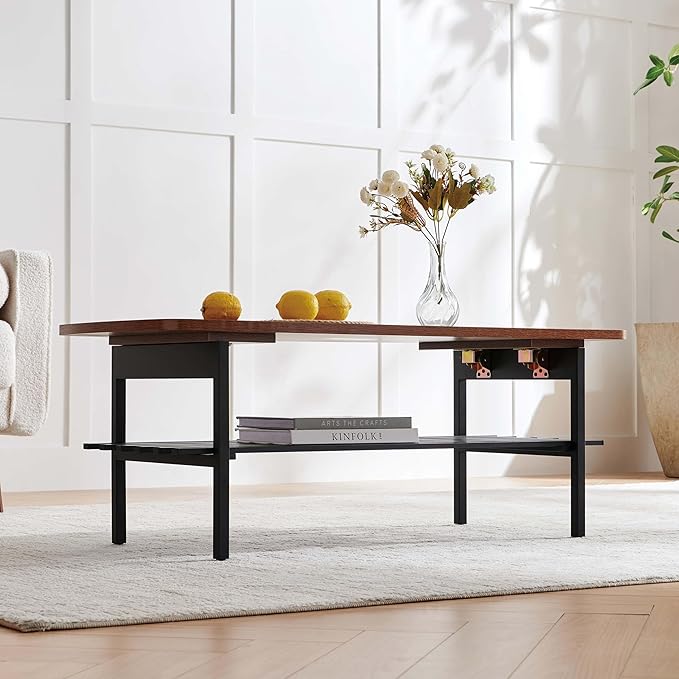 Pine Flicker Wood Folding Coffee Table, Mid-Century Modern Design, 2-Tier, L41*W19*H15 inch, for Living Room, Walnut Finish Wood Top and Black Metal Frame