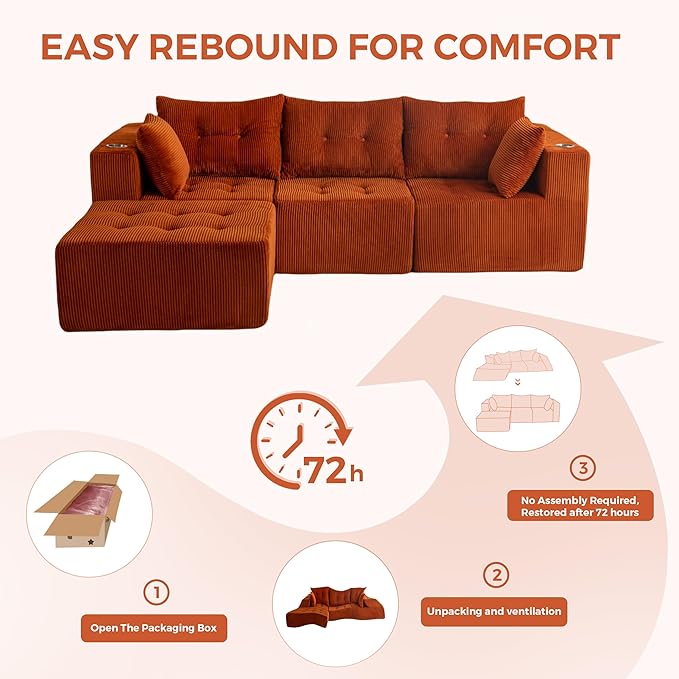 MAXYOYO Modular Sectional Sofa Couch, L Shaped Modern Cloud Couch with 1 Ottoman, Sofa in A Box, Tufted 4-Seat Boneless Sleeper Chair for Living Room, No Assembly Required, Orange