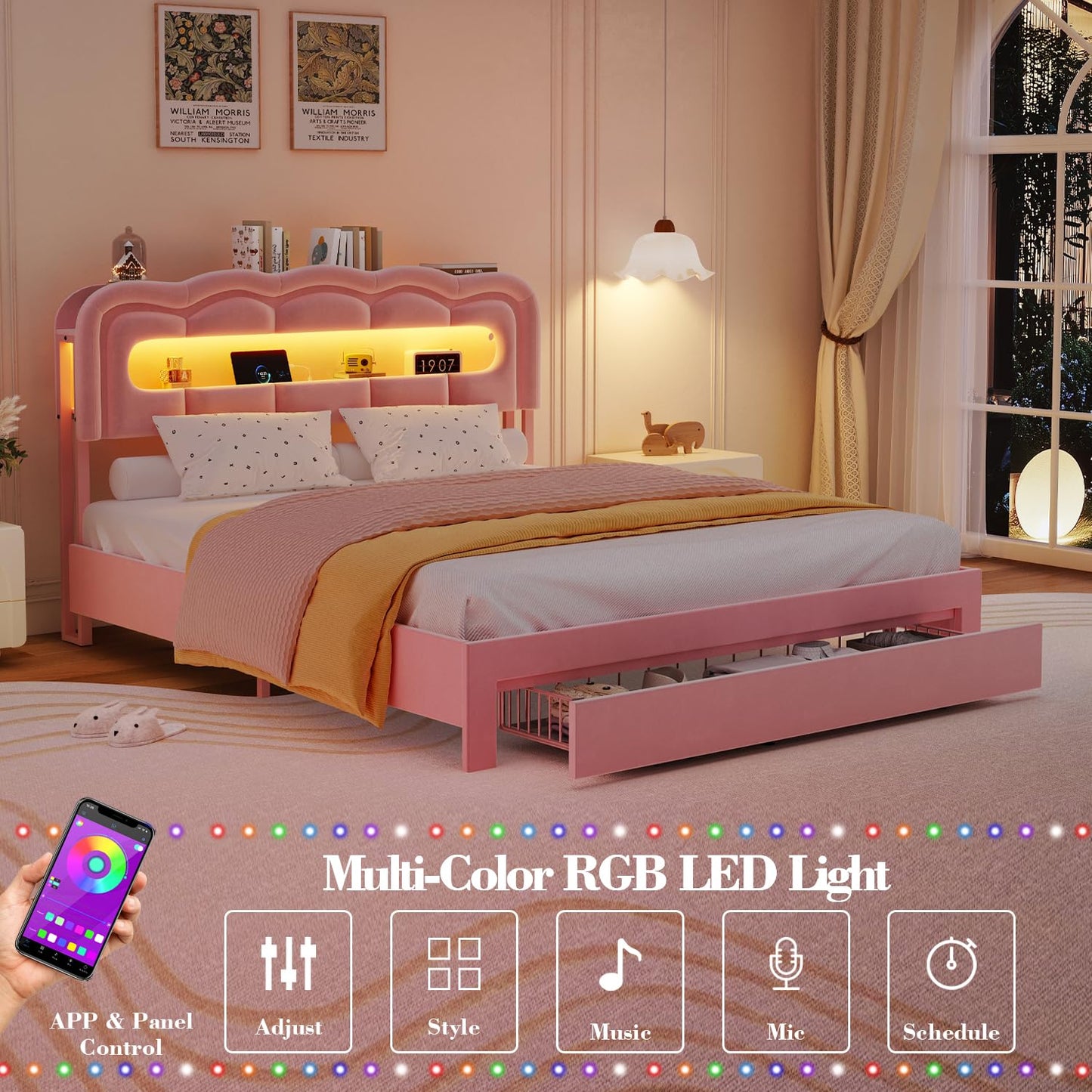 ROCHECASA Full Size Bed Frame with Storage and LED Lights Charging Station, Velvet Upholstered Bed with Drawer, No Box Spring Needed, Easy Assemble, Pink
