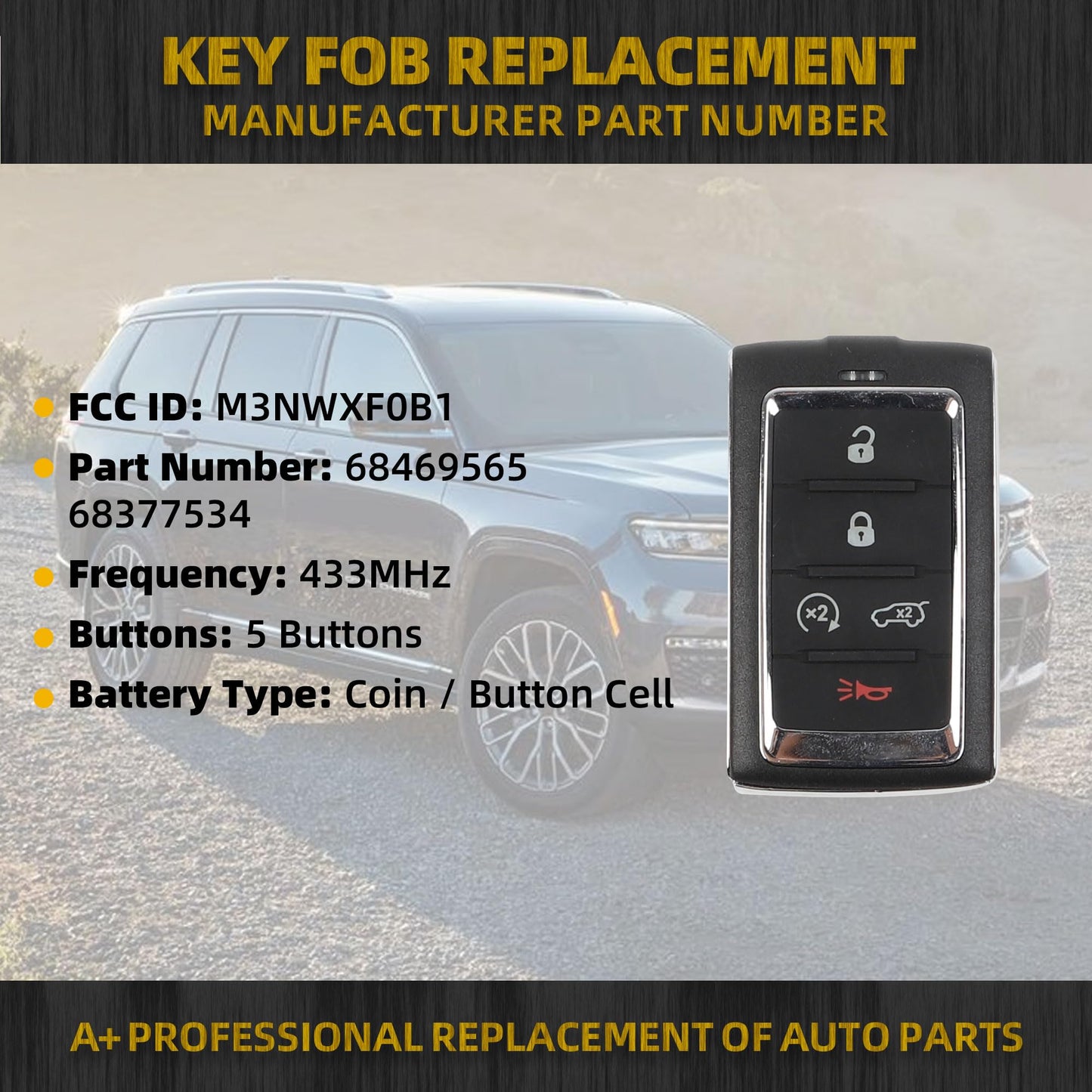 Dasbecan Key Fob Replacement Compatible With Jeep Grand Wagoneer Cherokee L 2021-2023 Keyless Entry Remote Control Replaces 6846