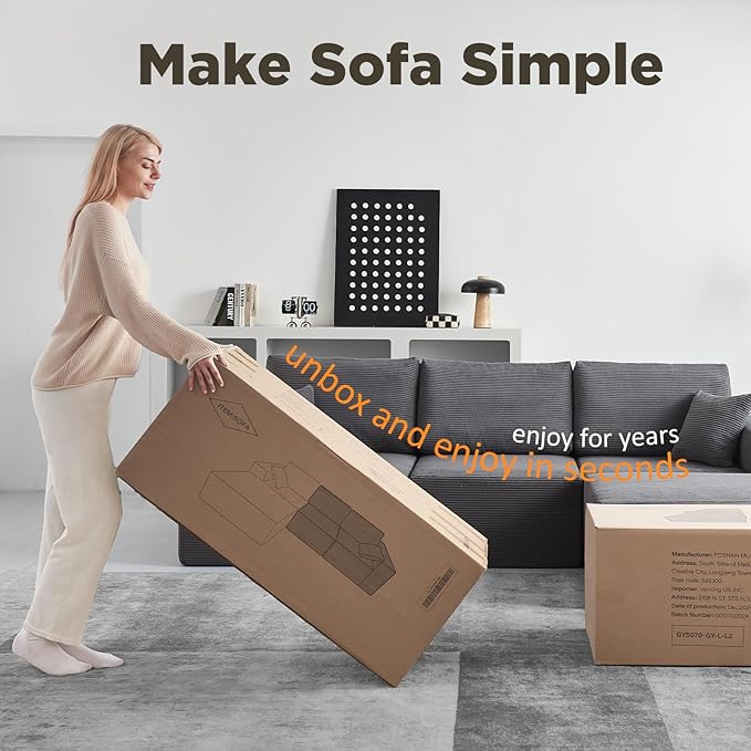 INGEROOM 108" Cloud Sectional Couch with Chaise, Modular L-Shaped Sofa, Deep Seat Comfy Corduroy Memory Foam Couch for Apartments, Dorms or Small Space, No Assembly Required, Dark Grey